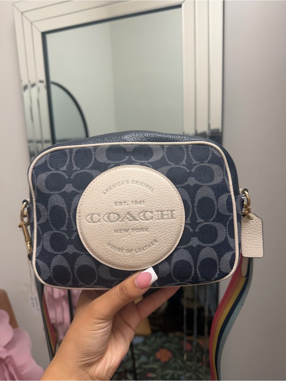 Coach Navy Signature Crossbody with Cream Leather Patch and Rainbow Strap